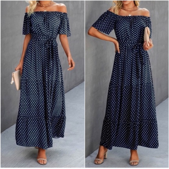 Boho Polka Dot Off Shoulder Ruffle hem Belted Maxi Dress - Picture 1 of 4